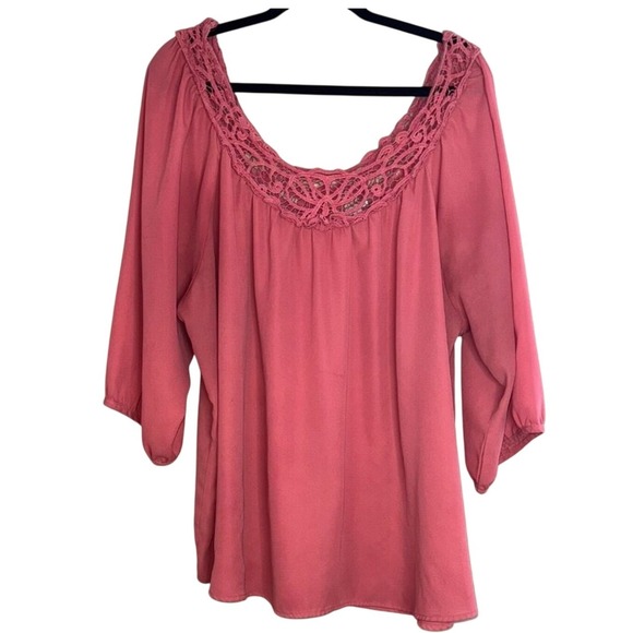 Eyeshadow Tops - Crochet Neckline Pink Tunic Top Blouse Casual Summer Boho 3/4 Sleeve Womens